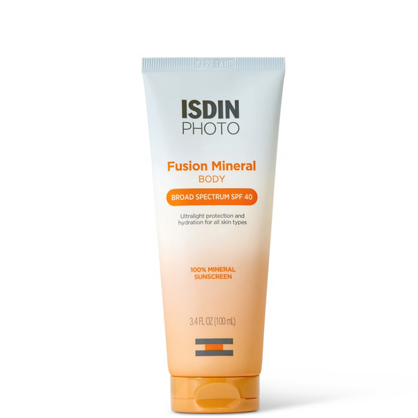 Isdin Fusion Mineral Body Broad Spectrum SPF 40 Ultralight protection and hydration for all skin types, 100% Mineral Sunscreen by ISDIN 3.4 ounce bottle.